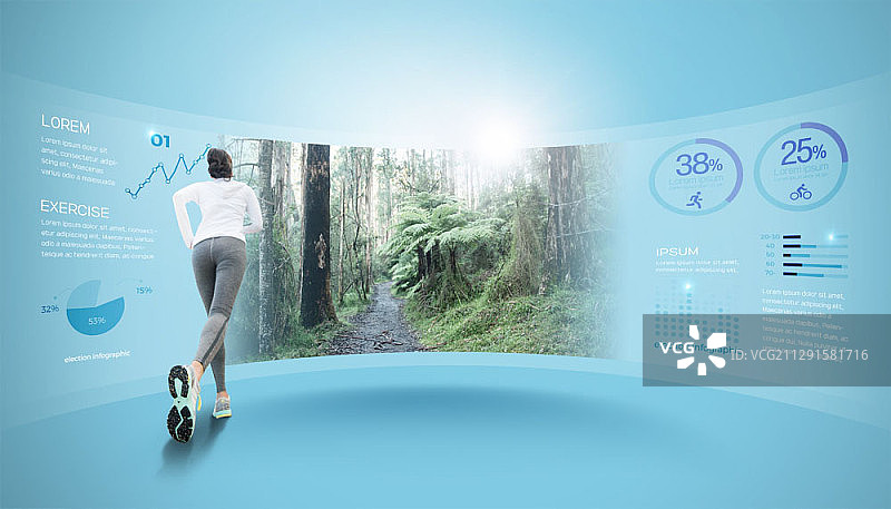 合成全息投影的森林与图表与后方的女人慢跑图片素材