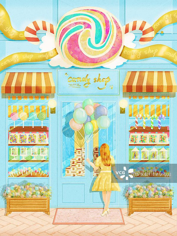 金发少女手拿气球站在梦幻糖果屋前图片素材