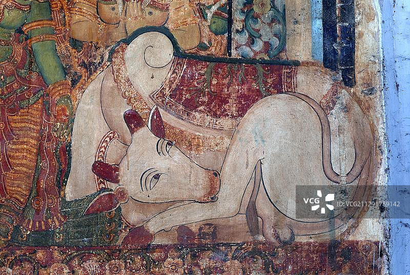 公牛壁画南迪，主湿婆山，埃图马努尔神庙，喀拉拉邦，南印度，印度，亚洲图片素材