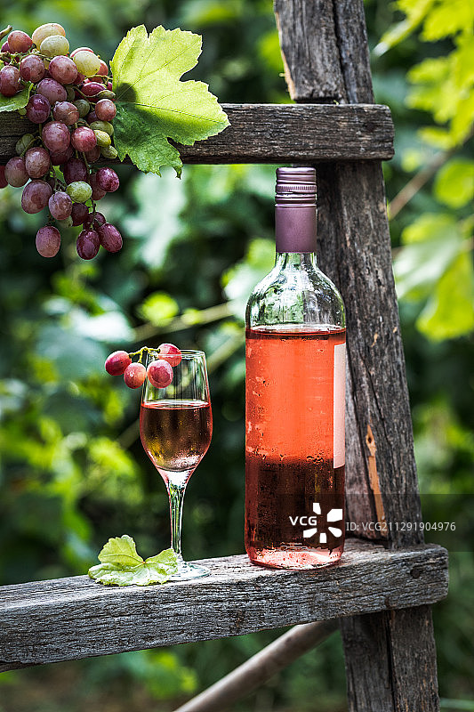 一杯玫瑰葡萄酒和一瓶在绿色的花园，纳希万，阿塞拜疆图片素材