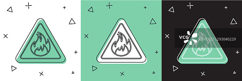 设置火火焰在三角形图标孤立的白色图片素材