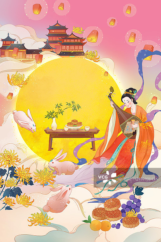 中秋节国潮插画竖版图片素材