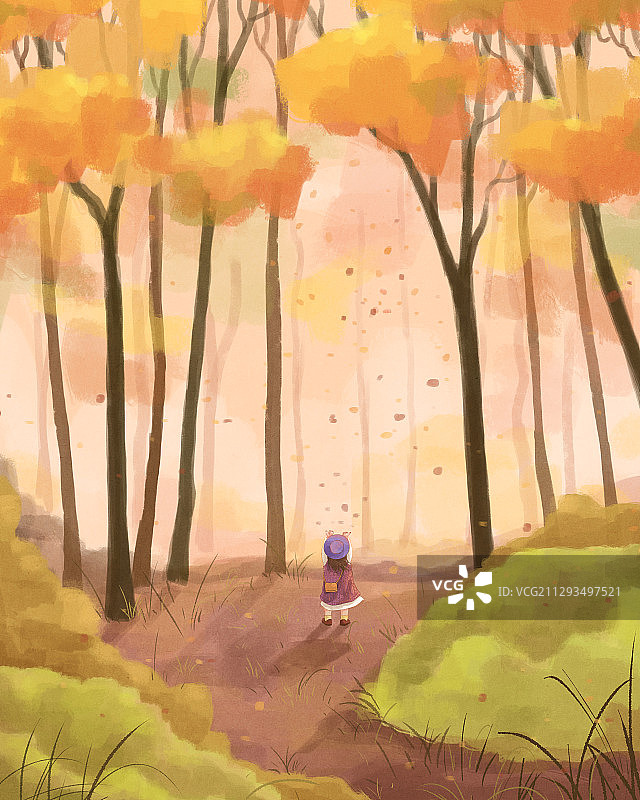 秋天树林里的女孩小清新插画竖版图片素材
