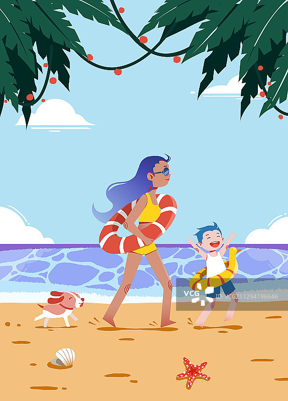 辣妈和孩子在海边度假图片素材