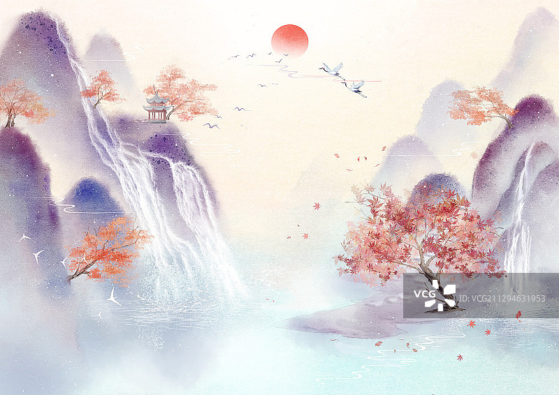 霜降节气手绘中国风意境山水画图片素材
