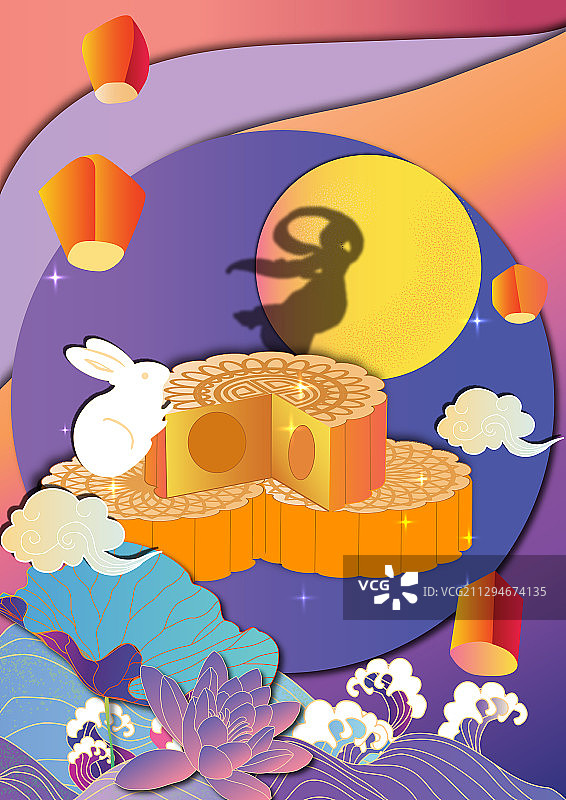 中秋节海上明月背景的嫦娥奔月月饼矢量插画图片素材
