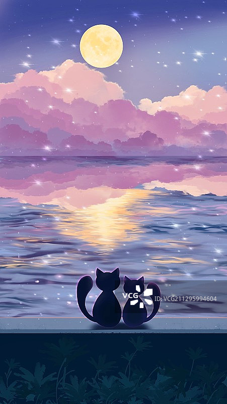 海边一起赏月的猫咪图片素材