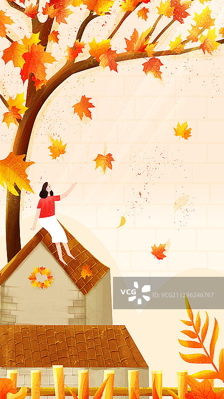 插画24节气季节秋天丰收屋顶女孩坐着篱笆落叶枫叶图片素材
