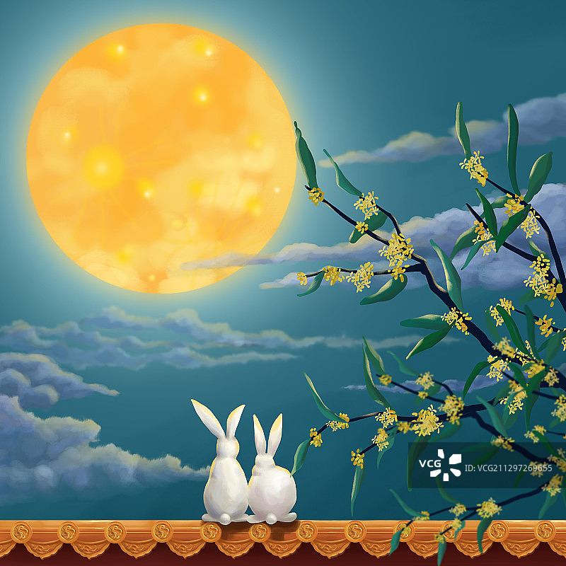 中秋时节夜空的圆月与屋顶上的兔子图片素材