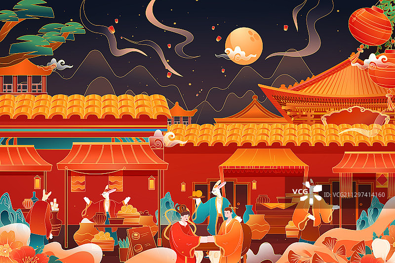 卡通中秋节传统节日习俗市集贸易电商促销中国风国潮矢量插画图片素材