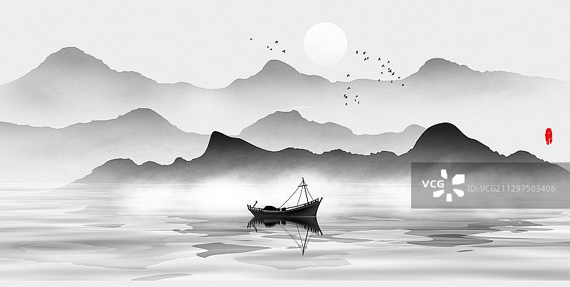 手绘中国风意境水墨抽象山水风景画图片素材