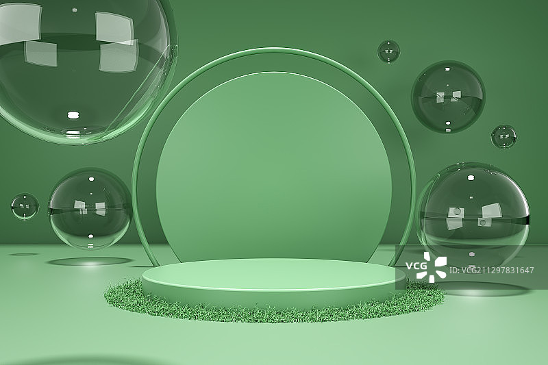 圆形展示台和周围的透明玻璃球图片素材