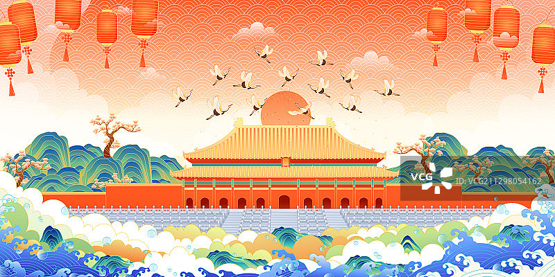 国潮风北京故宫古建筑矢量插画图片素材