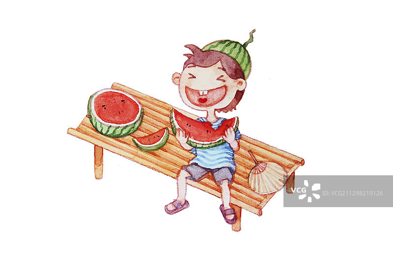 夏天大树下吃西瓜的男孩插画图片素材