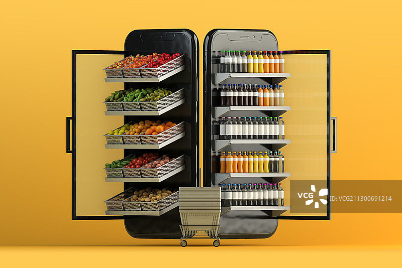 3D插图的两个手机作为零售冰箱与购物篮之间图片素材