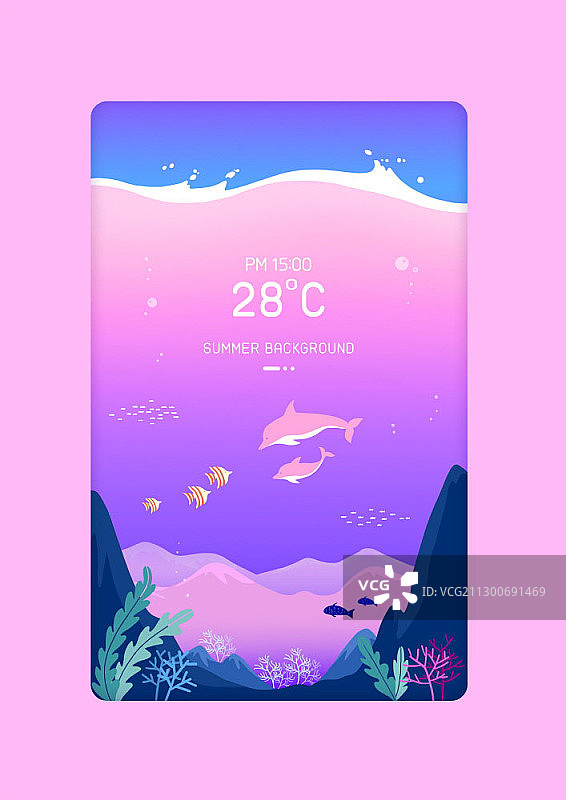 夏季背景插图与粉红色的海豚和热带鱼图片素材