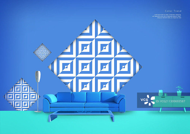 室内设计采用蓝色方形图案和蓝色沙发的组合图片素材