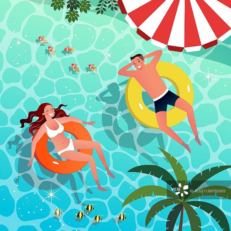 一对夫妇在游泳池浮在夏天图片素材
