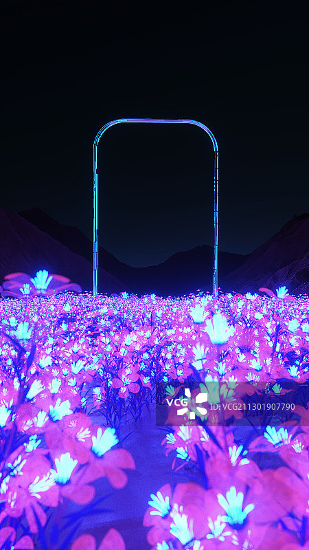 3D渲染夜晚山谷里发光的花丛概念场景图片素材