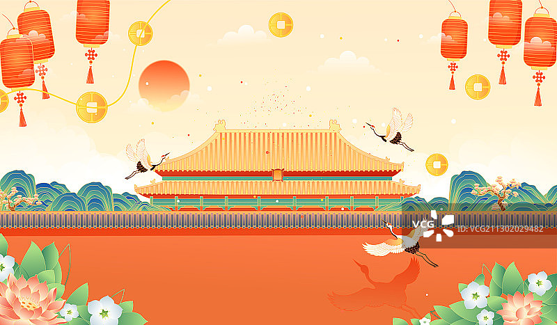 中国风复古红墙庭院古建筑矢量插画图片素材