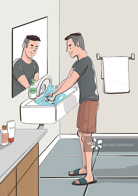 一个男人出去后在浴室的水槽里洗手图片素材
