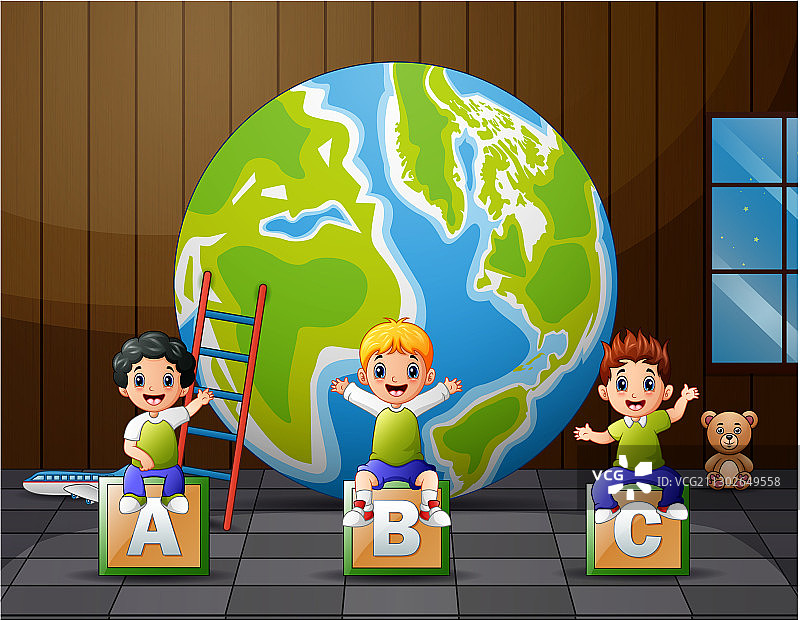 卡通小孩坐在ABC字母表上图片素材