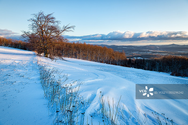 白雪覆盖的风景对天空，Petrovice，捷克共和国图片素材