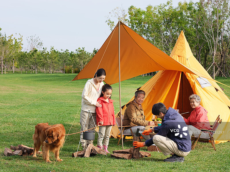 快乐的五口之家和宠物狗在户外野餐图片素材