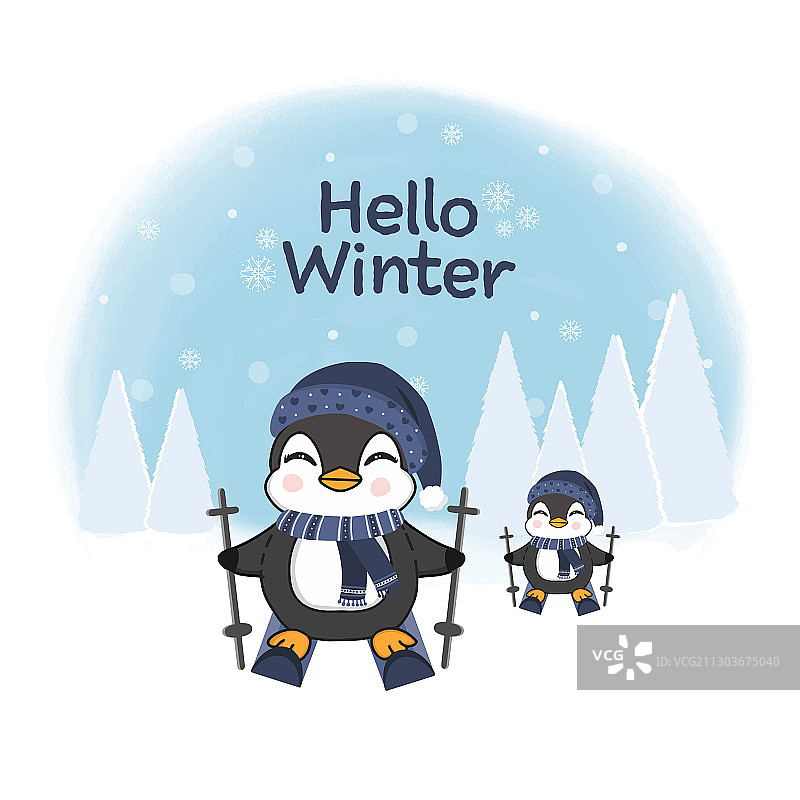 你好冬天可爱的企鹅在冬天滑雪图片素材