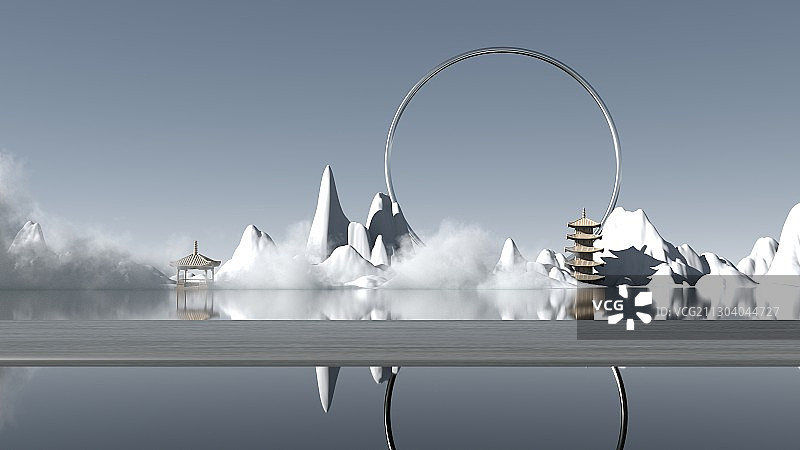3D渲染现代中国风山水电商展台图片素材