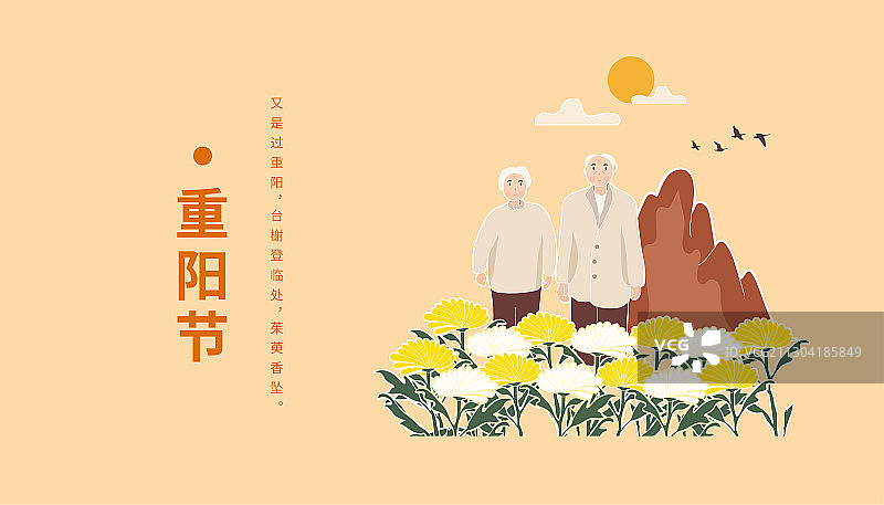 夕阳下老人在一片菊花前背靠大山重阳节插画图片素材