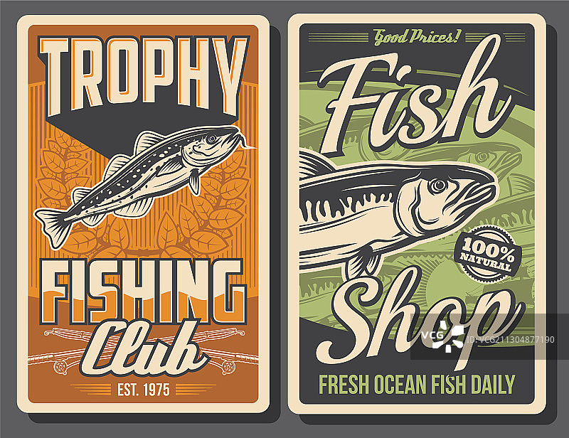 钓鱼复古海报鲭鱼和鳕鱼图片素材