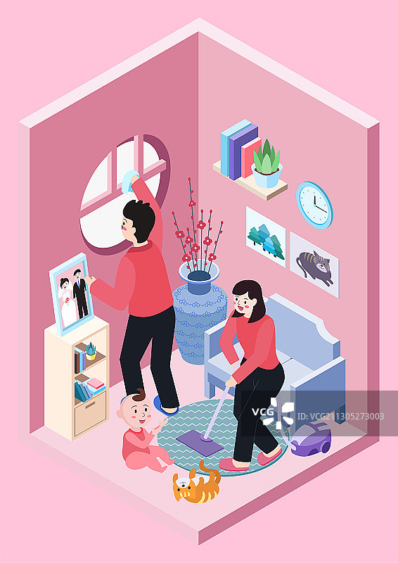 春节年俗插画-腊月二十三-扫房子图片素材