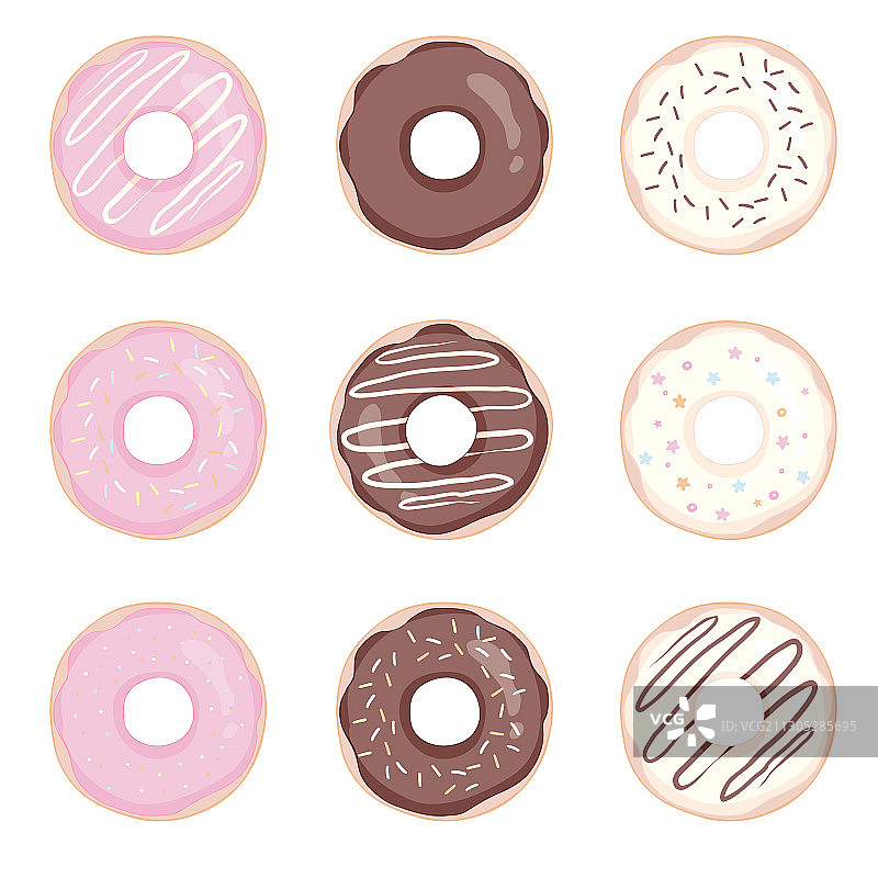 甜甜圈设置在白色背景的甜甜圈设置图片素材