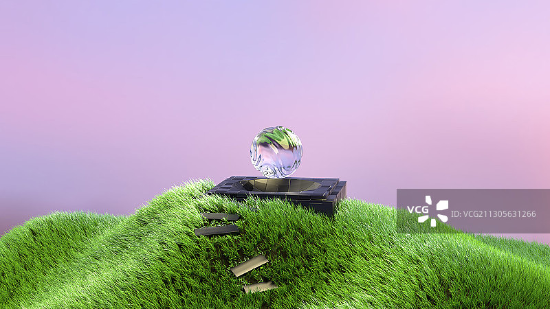 山丘草坪上有透明水滴的奇幻3d场景图片素材