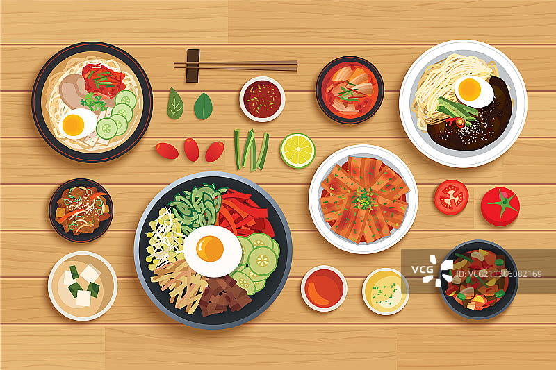 韩国食物放在俯视图木桌上图片素材