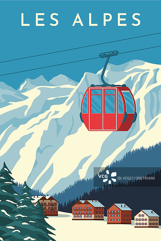 滑雪胜地与红色缆车缆车山小木屋图片素材