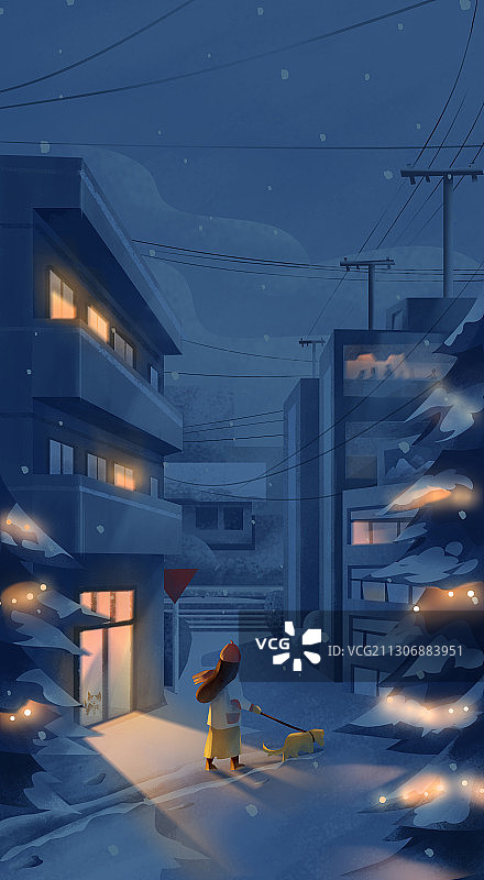 冬天夜晚城市小巷里遛狗散步的女孩图片素材