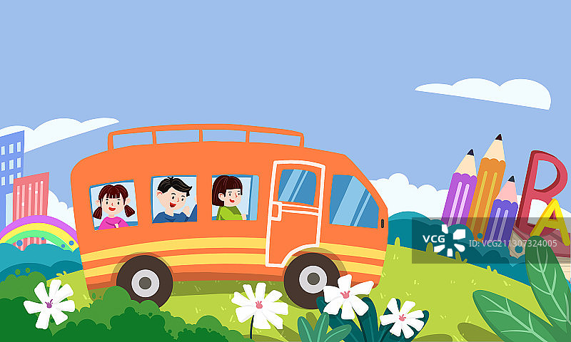 卡通儿童学生乘校车上学插画图片素材