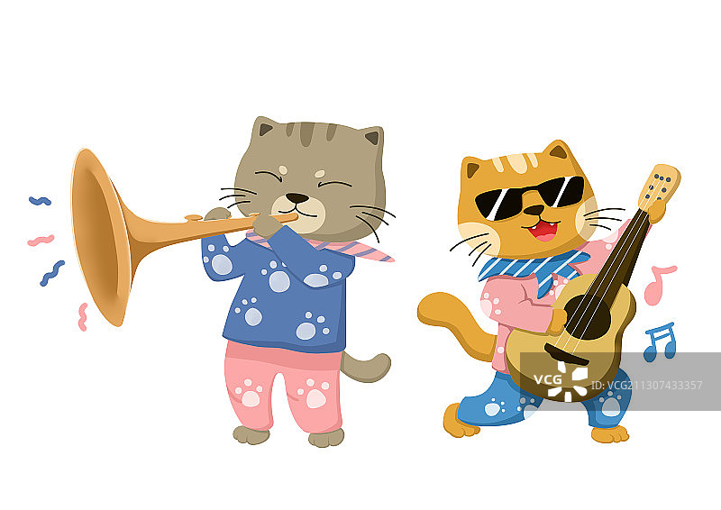 卡通吹乐器弹吉他的猫插画图片素材