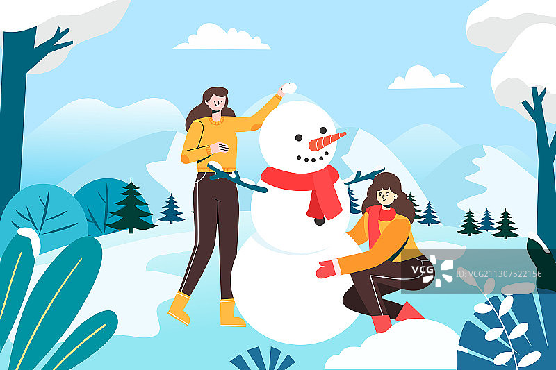 冬天雪后愉快堆雪人的女孩们矢量插画图片素材
