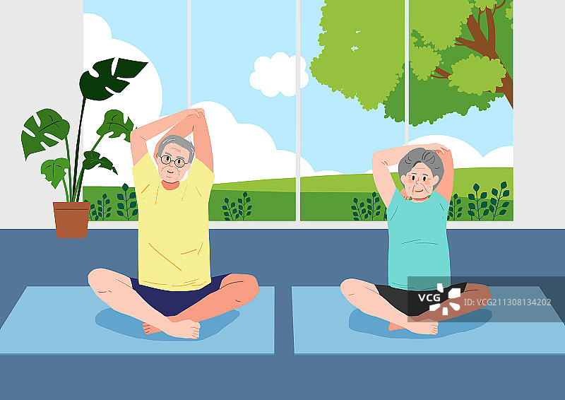 老年生活主题插画老年夫妇做瑜伽图片素材