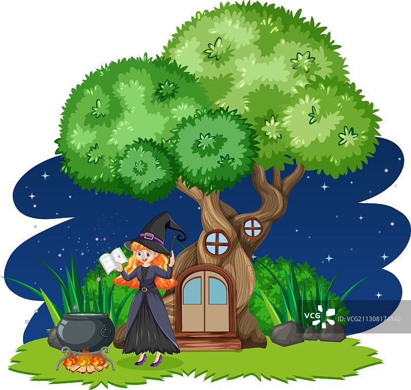 女巫站在树屋旁边卡通造型上图片素材