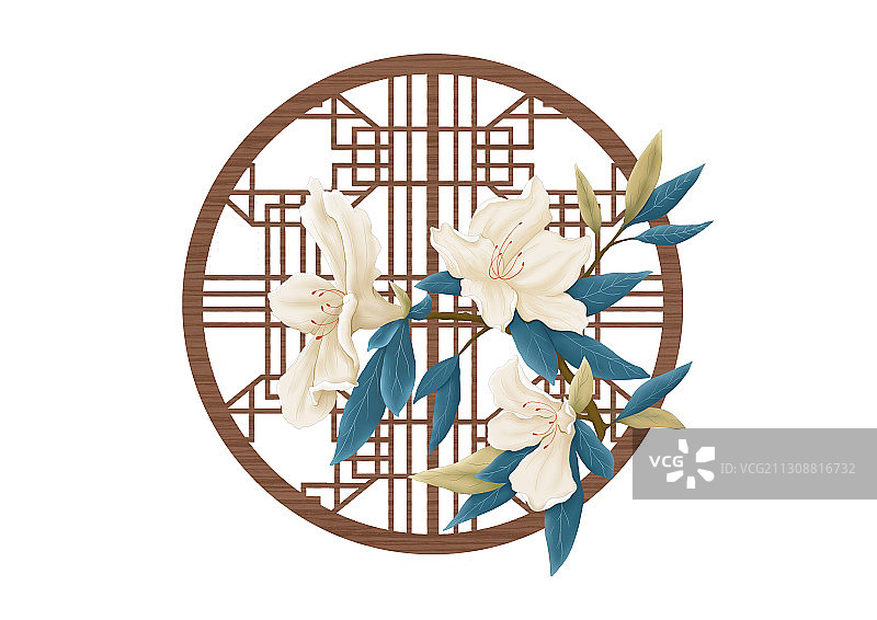 中国风古典花卉圆形窗户插画图片素材