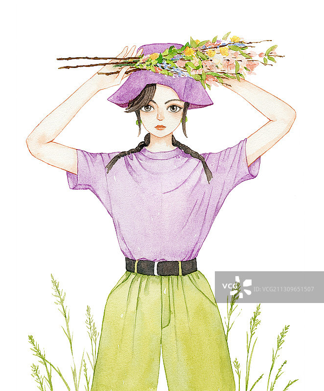 手拿一束鲜花站立的文艺风格少女 水彩手绘插画图片素材