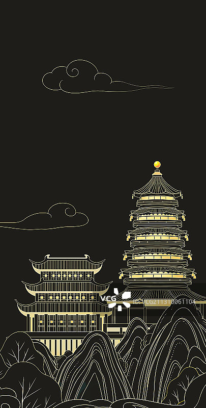 国潮风插画古建筑塔和角楼图片素材