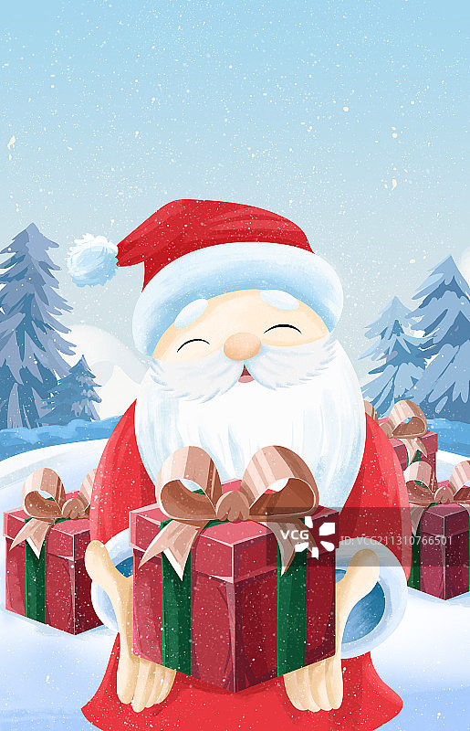 冰雪天地圣诞老人送礼盒礼物圣诞节插画海报图片素材