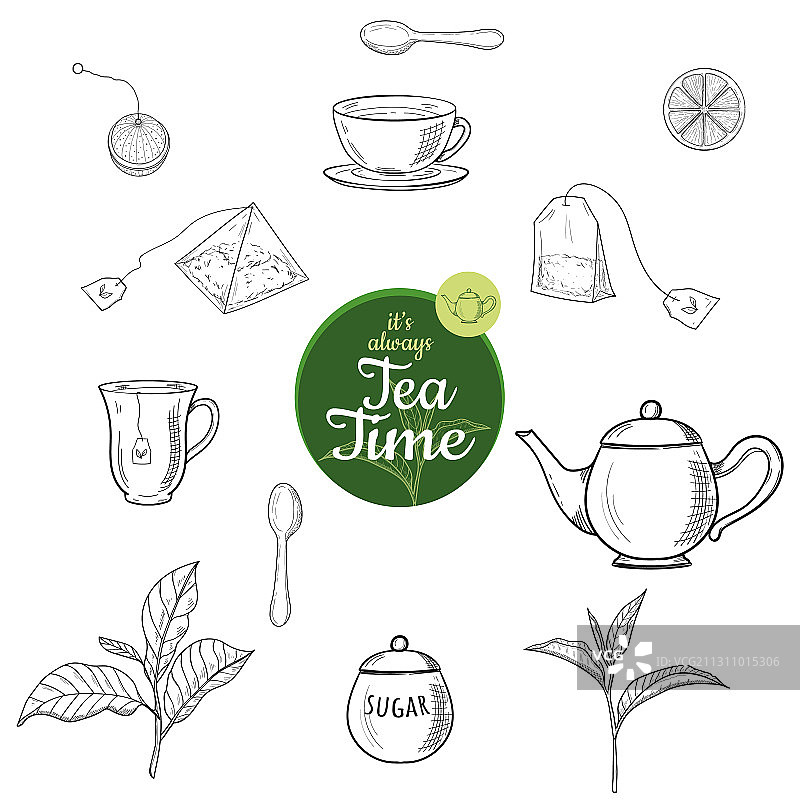 青茶和红茶手绘墨水素描轮廓图片素材