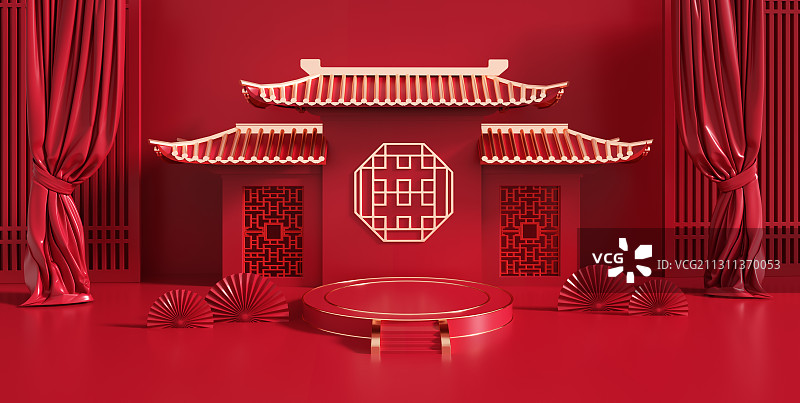 喜庆中国风古建筑C4D元旦节新年场景图片素材