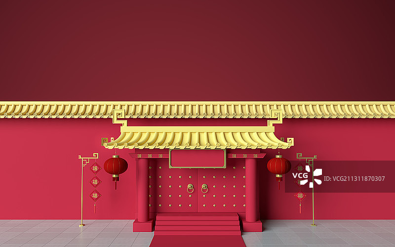 红色中国风宫墙与门 3D渲染图片素材